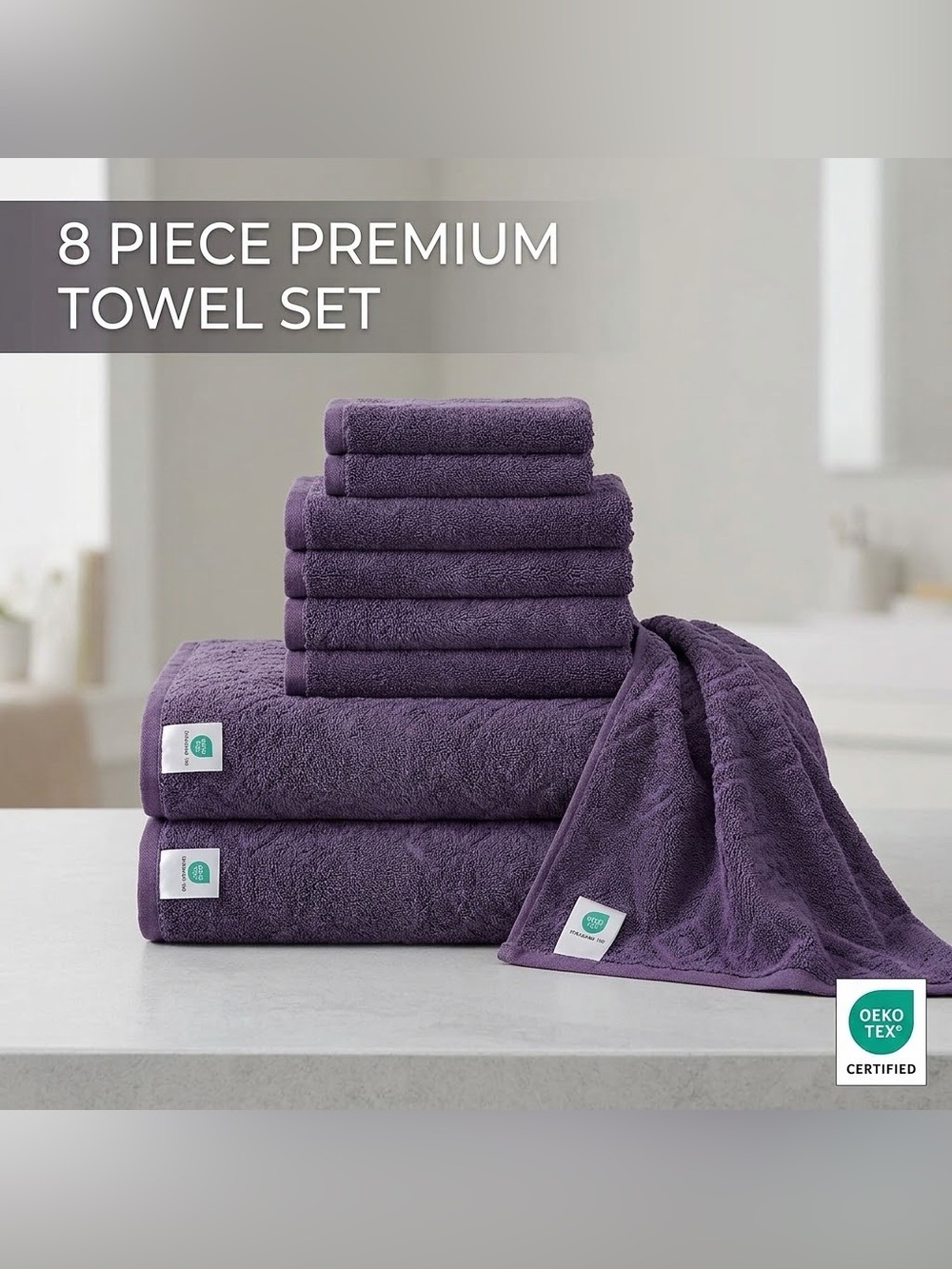 NEW 8-Piece Purple Bath Towel Set – Oversized 35x70" – OEKO-TEX